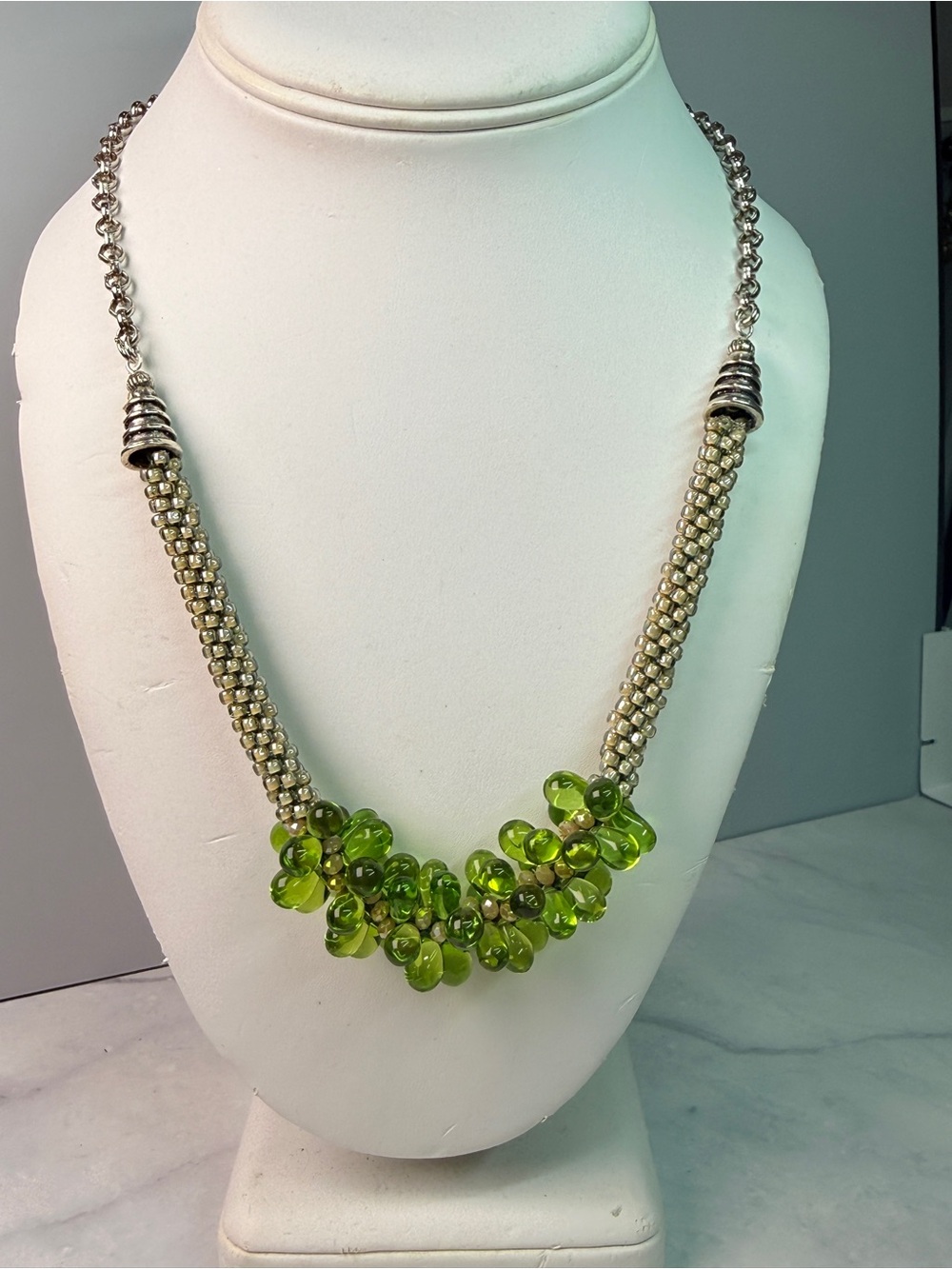 Handmade Kumihimo Beaded Necklace Green Glass Drops